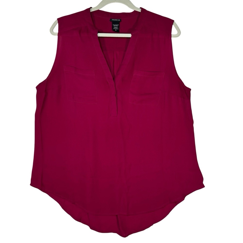 Torrid 00 Fuchsia Pink Sleeveless Blouse‎ High Low Hem V-Neck Pocket Boho Career